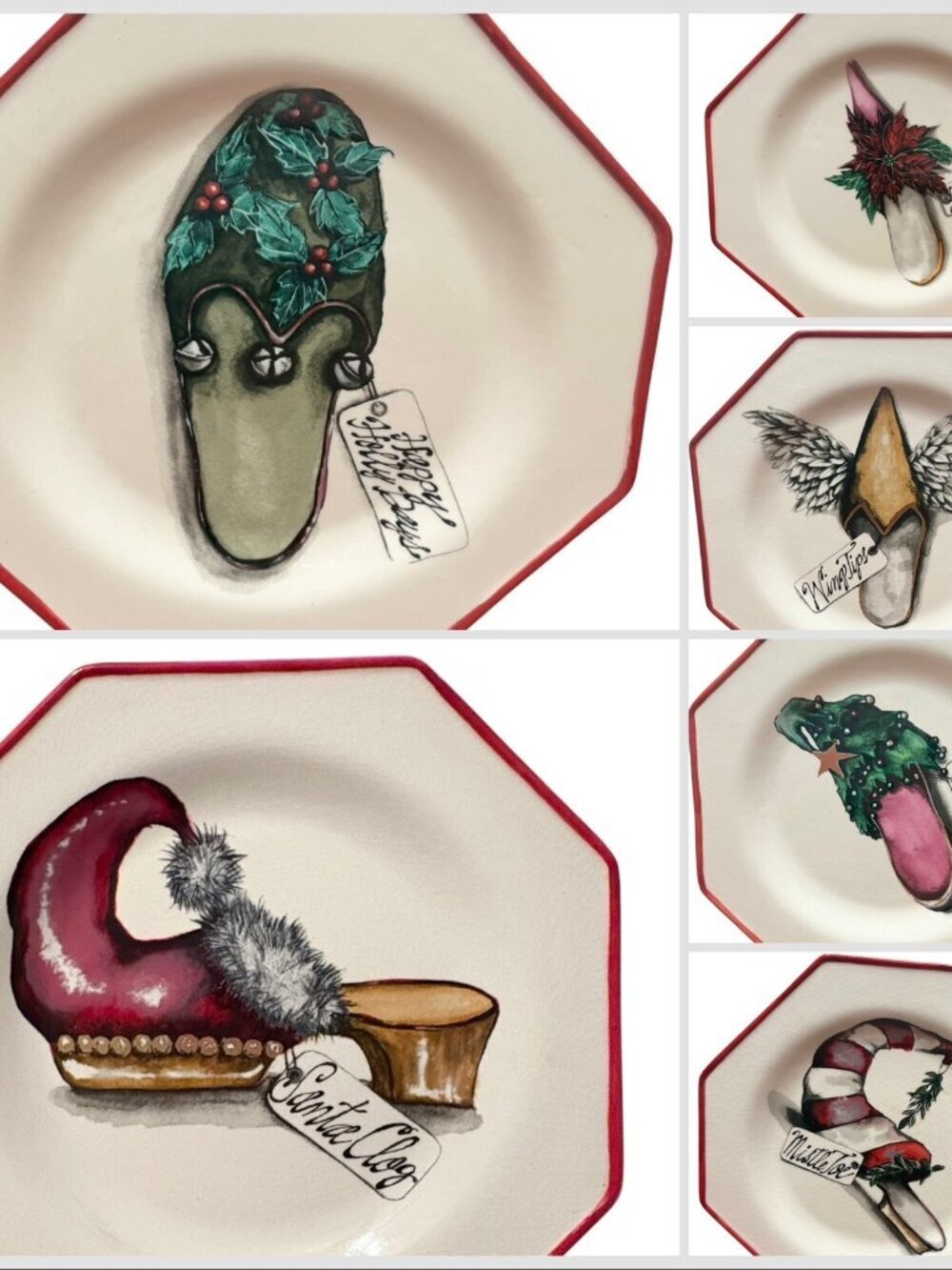 CHRISTMAS VTG Y2K Unique Shoes Holiday Lane Set Of 6 Salad/Dessert Plates NEW